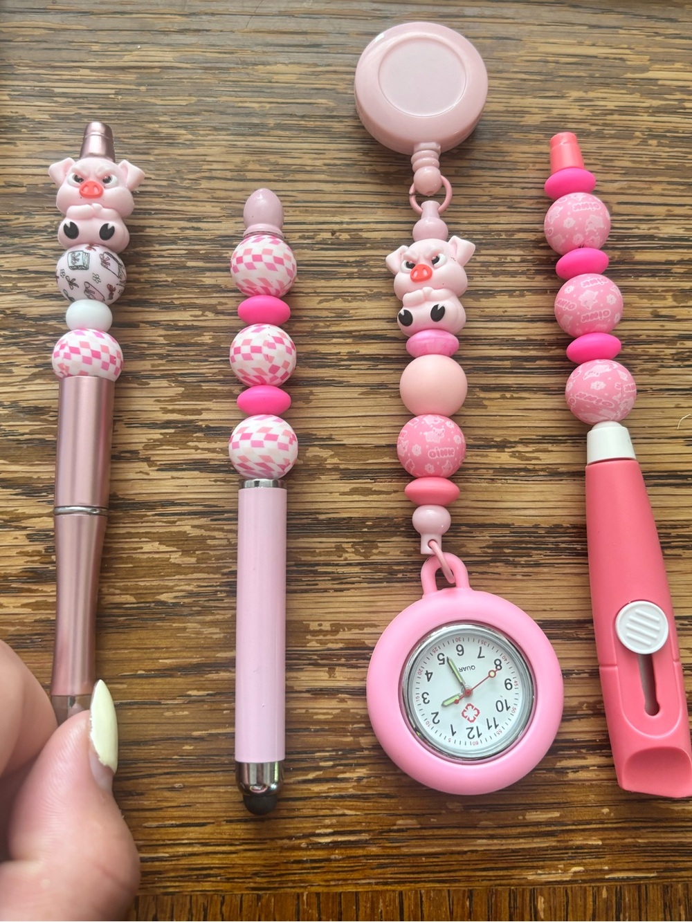 Angry Handmade Piggy Pen, Box Cutter, Retractable Pocket Watch, and Stylus/Pen